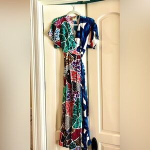 Farm Rio Tropical Tahiti Wrap Dress Multi Leaves Printed Flowy XS Anthropologie
